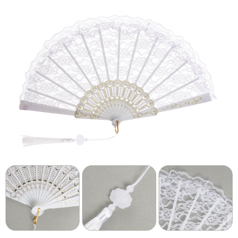 Jmkcoz Lace Handheld Folding Fan Embroidered Flower Bridal Hand Fan Chinese Japanese Vintage Fan for 1920s Costume Wedding Dancing Tea Party (1, White) - Image 3