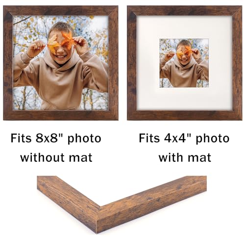 NDUFOA 8x8 Picture Frame, Display Photos 4x4 with Mat or 8x8 without Mat, Poster Frame for Wall and Tabletop, Brown - Image 2