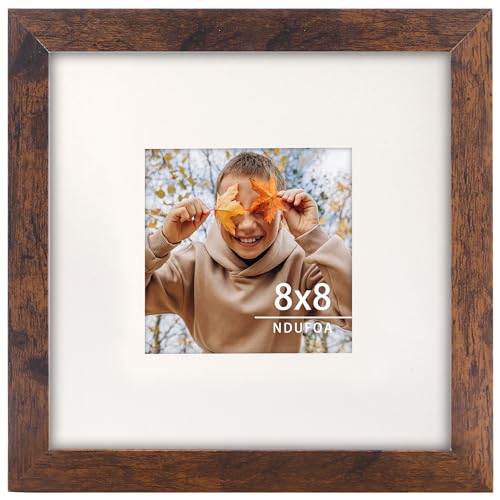 NDUFOA 8x8 Picture Frame, Display Photos 4x4 with Mat or 8x8 without Mat, Poster Frame for Wall and Tabletop, Brown - Image 1