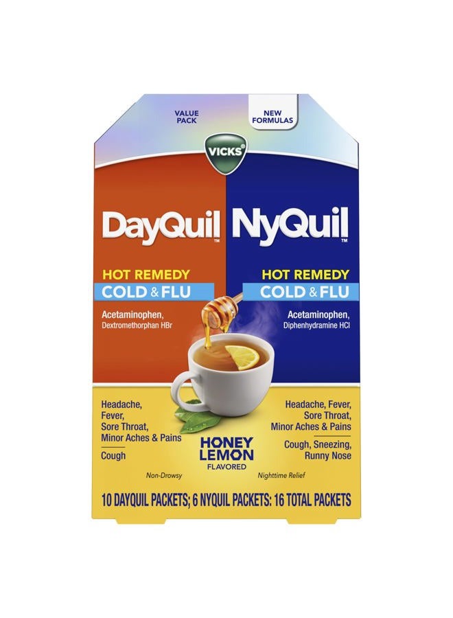Vicks داي كويل وناي كويل علاج ساخن مسحوق البرد والإنفلونزا، دواء بدون وصفة طبية، عبوة قيمة، تخفيف سريع للصداع، الحمى، التهاب الحلق، آلام خفيفة، والسعال، 16 عبوة - Image 1