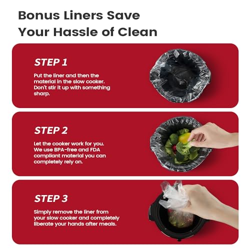 KOOC Small Slow Cooker, 2 Quart, Free Liners Included for Easy Clean-up, Upgraded Ceramic Pot, Adjustable Temp, Nutrient Loss Reduction, Stainless Steel, Red, Round - Image 3