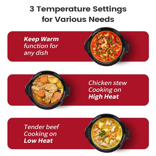 KOOC Small Slow Cooker, 2 Quart, Free Liners Included for Easy Clean-up, Upgraded Ceramic Pot, Adjustable Temp, Nutrient Loss Reduction, Stainless Steel, Red, Round - Image 5