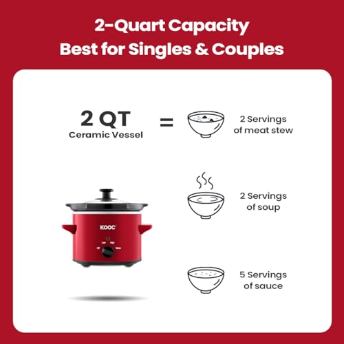 KOOC Small Slow Cooker, 2 Quart, Free Liners Included for Easy Clean-up, Upgraded Ceramic Pot, Adjustable Temp, Nutrient Loss Reduction, Stainless Steel, Red, Round - Image 4