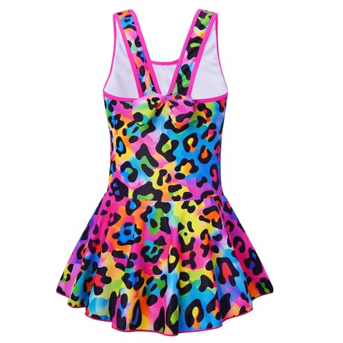 Akokvlar Girl One Piece Swimsuit with Skirt Bathing Suit Swimwear 3-16Y (14-15 Years, Rainbow Leopard) - Image 3