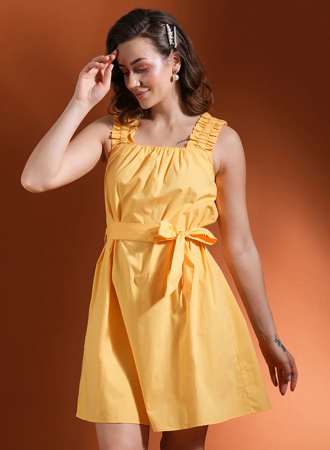 globus Globus Women Yellow Solid Square Neck Belted Mini A-Line Dress with Ruched Detail