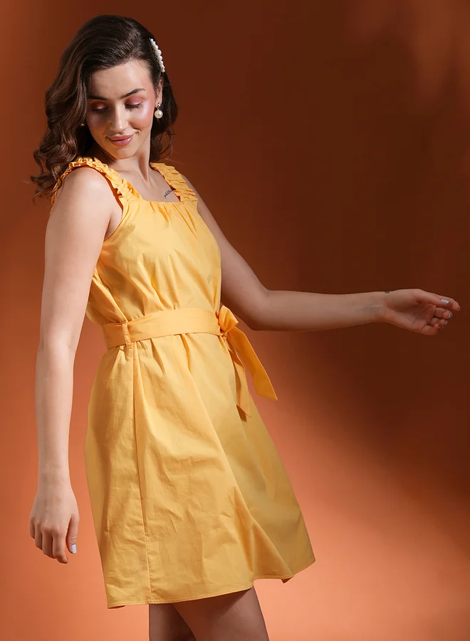 globus Globus Women Yellow Solid Square Neck Belted Mini A-Line Dress with Ruched Detail