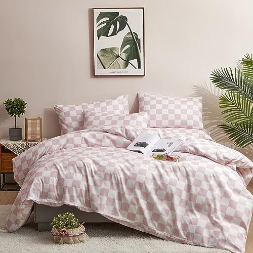 Houseri White and Pink Comforter Set Queen Plaid Baby Pink Checkerboard Comforter Bedding Sets Queen Size Girls Women Elegant Light Pink Grid Buffalo Checkered Bed Comforter Comfy Soft Pale Pink Queen - Image 1
