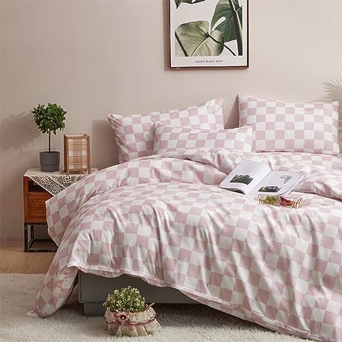 Houseri White and Pink Comforter Set Queen Plaid Baby Pink Checkerboard Comforter Bedding Sets Queen Size Girls Women Elegant Light Pink Grid Buffalo Checkered Bed Comforter Comfy Soft Pale Pink Queen - Image 3