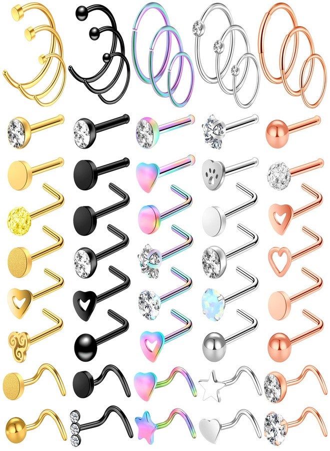 ONESING 55 Pcs 20G Nose Rings for Women Nose Rings Hoops Nose Piercing Jewelry L Shape Nose Studs Screw CZ Nose Bone Studs Stainless Steel Gold Body Piercing Jewelry - Image 1
