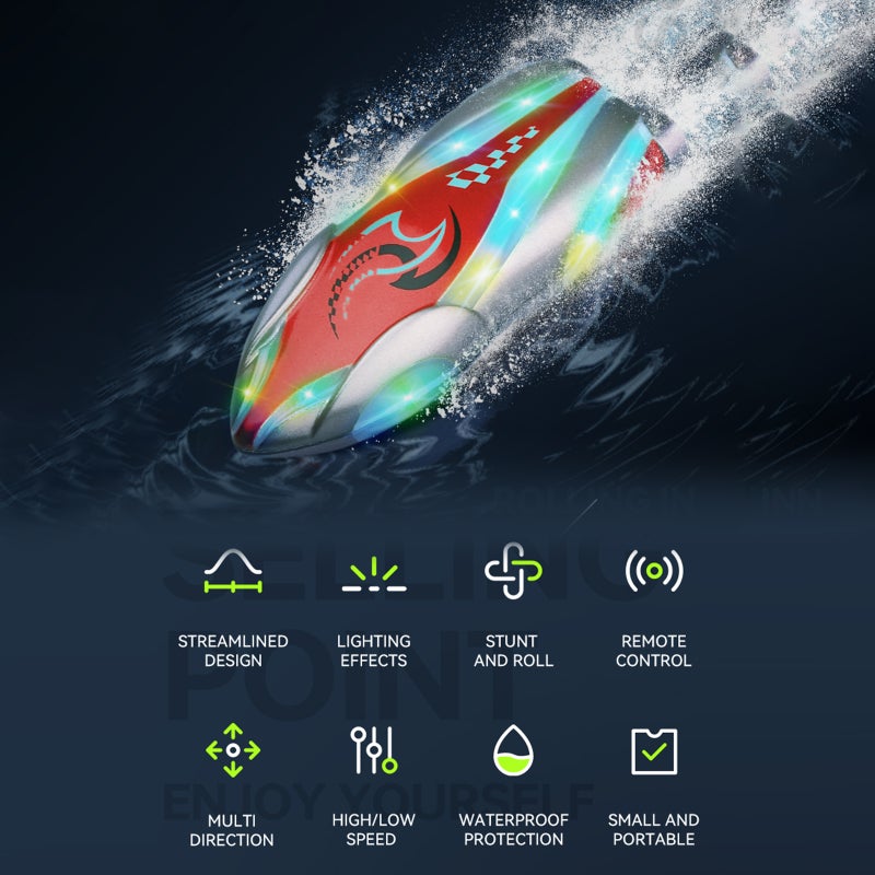 Remote Control Boat for Kids, 2.4GHz High-Speed Remote Control Stunt Boat for Seaside Pool Bathtub, Waterproof Boat Toy with LED Light (Red) - Image 2