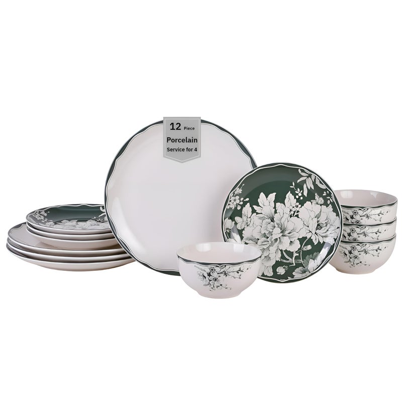 222 Fifth 12-Piece Porcelain Dinnerware Set for 4, White & Sage Green Plates and Bowls Set, Glossy Ceramic Dish Set with Detailed Floral Design, Microwave & Dishwasher Safe Dishes for Dining, Brittany - Image 1