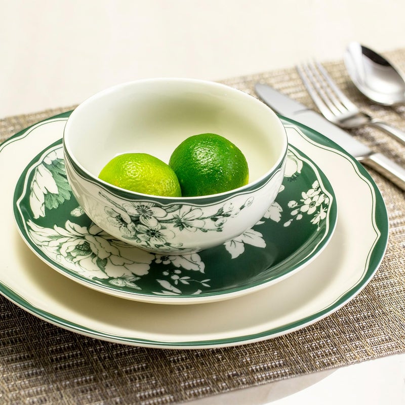 222 Fifth 12-Piece Porcelain Dinnerware Set for 4, White & Sage Green Plates and Bowls Set, Glossy Ceramic Dish Set with Detailed Floral Design, Microwave & Dishwasher Safe Dishes for Dining, Brittany - Image 3