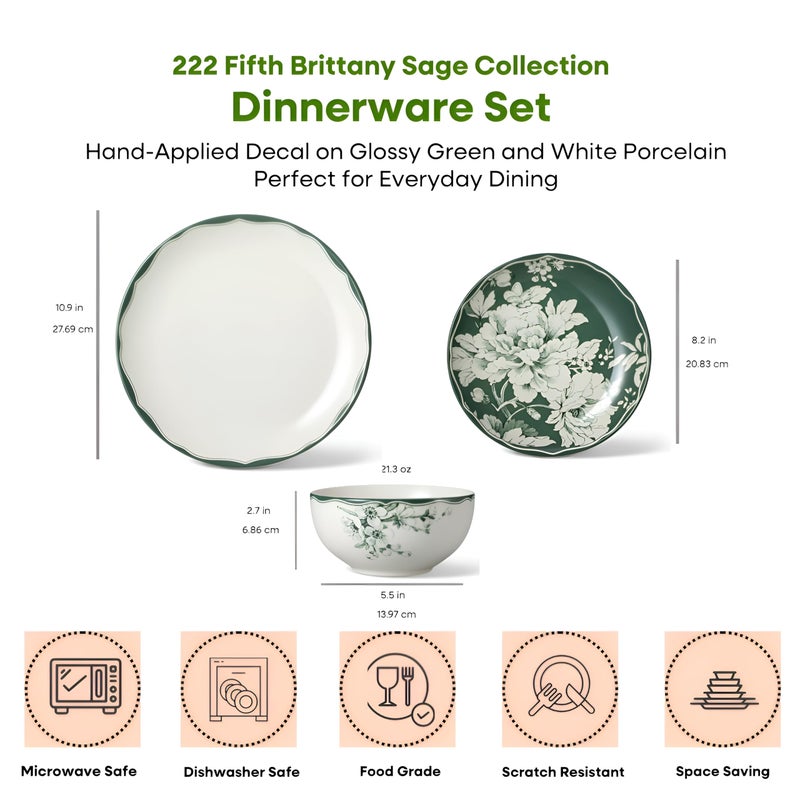 222 Fifth 12-Piece Porcelain Dinnerware Set for 4, White & Sage Green Plates and Bowls Set, Glossy Ceramic Dish Set with Detailed Floral Design, Microwave & Dishwasher Safe Dishes for Dining, Brittany - Image 2