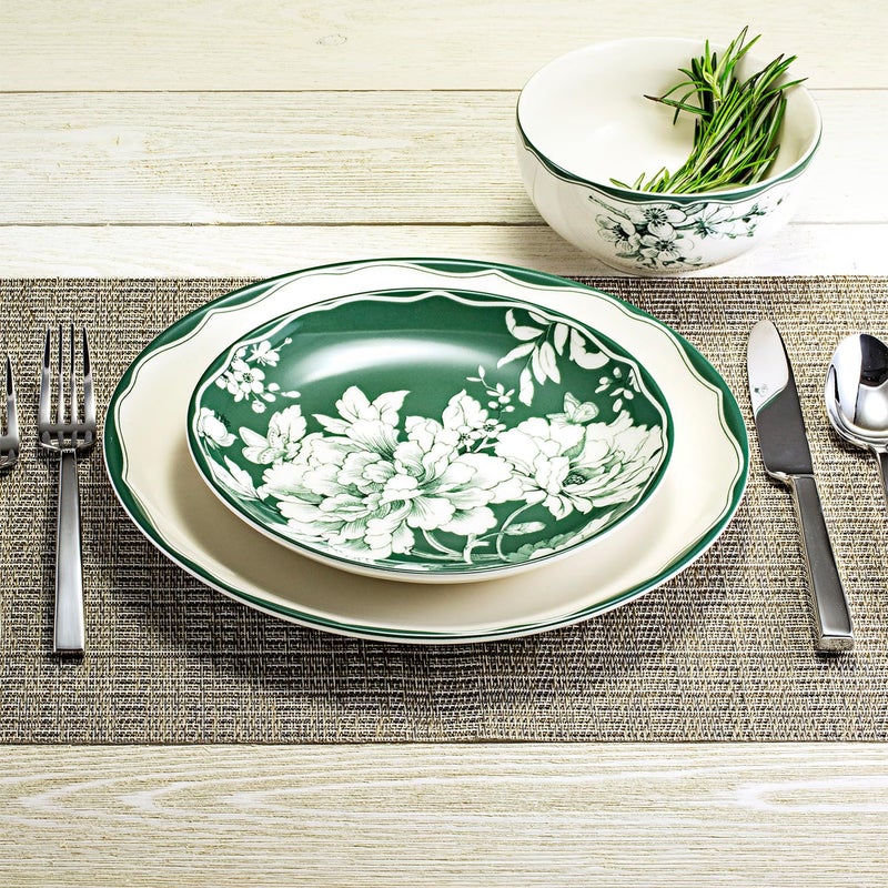 222 Fifth 12-Piece Porcelain Dinnerware Set for 4, White & Sage Green Plates and Bowls Set, Glossy Ceramic Dish Set with Detailed Floral Design, Microwave & Dishwasher Safe Dishes for Dining, Brittany - Image 4