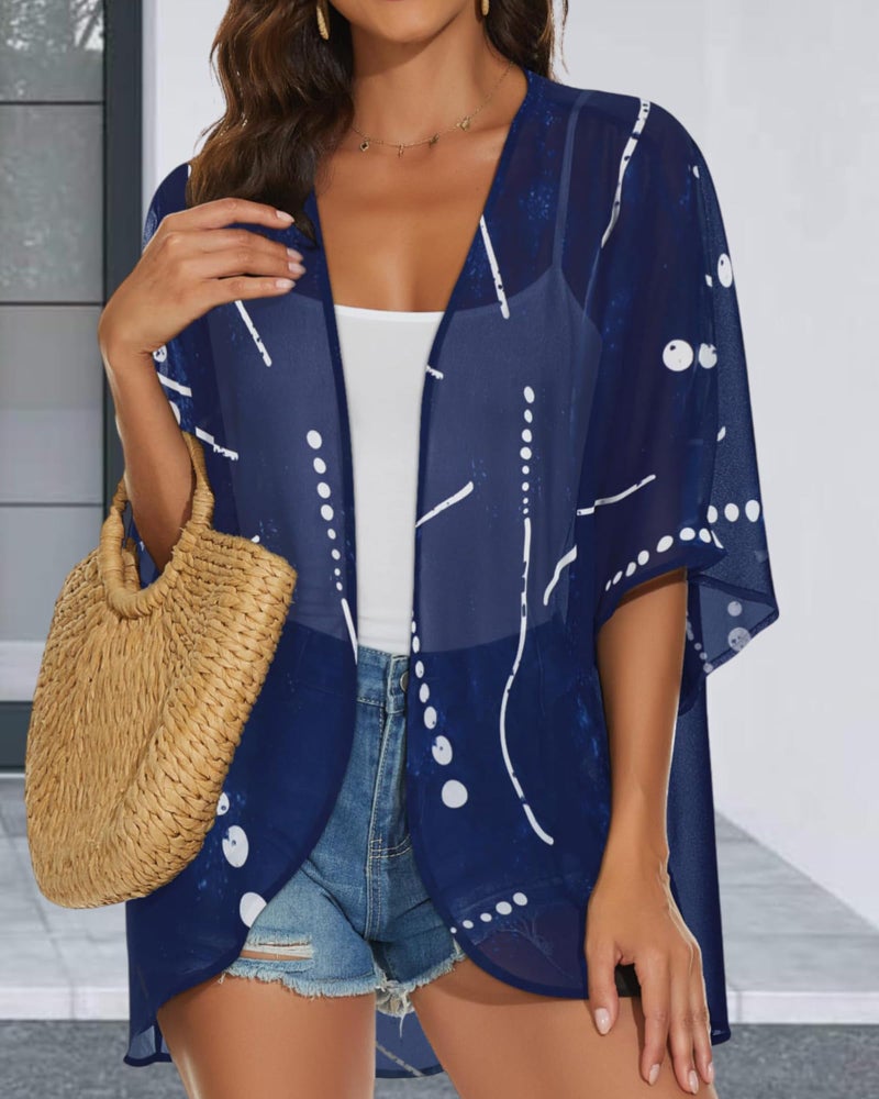 JILUVIN Womens Kimono Cardigans Beach Cover ups Swimwear Puff Sleeve Loose Casual Summer Tops (Dark Blue Stripes,L) - Image 3