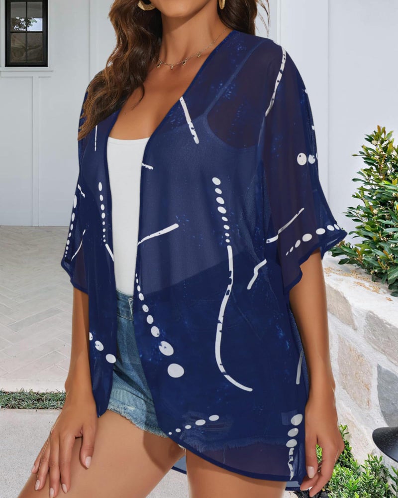 JILUVIN Womens Kimono Cardigans Beach Cover ups Swimwear Puff Sleeve Loose Casual Summer Tops (Dark Blue Stripes,L) - Image 4