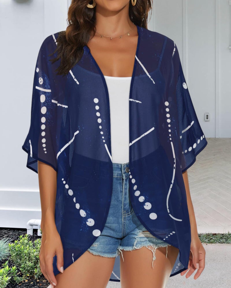 JILUVIN Womens Kimono Cardigans Beach Cover ups Swimwear Puff Sleeve Loose Casual Summer Tops (Dark Blue Stripes,L) - Image 5