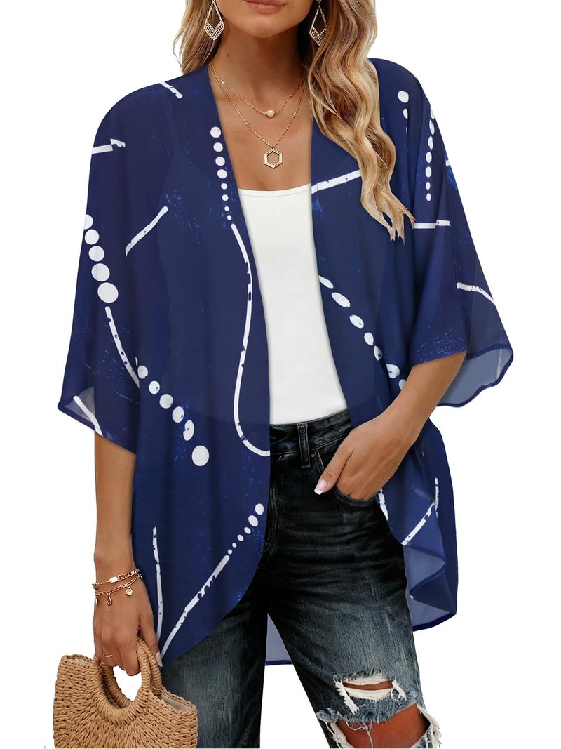 JILUVIN Womens Kimono Cardigans Beach Cover ups Swimwear Puff Sleeve Loose Casual Summer Tops (Dark Blue Stripes,L) - Image 1