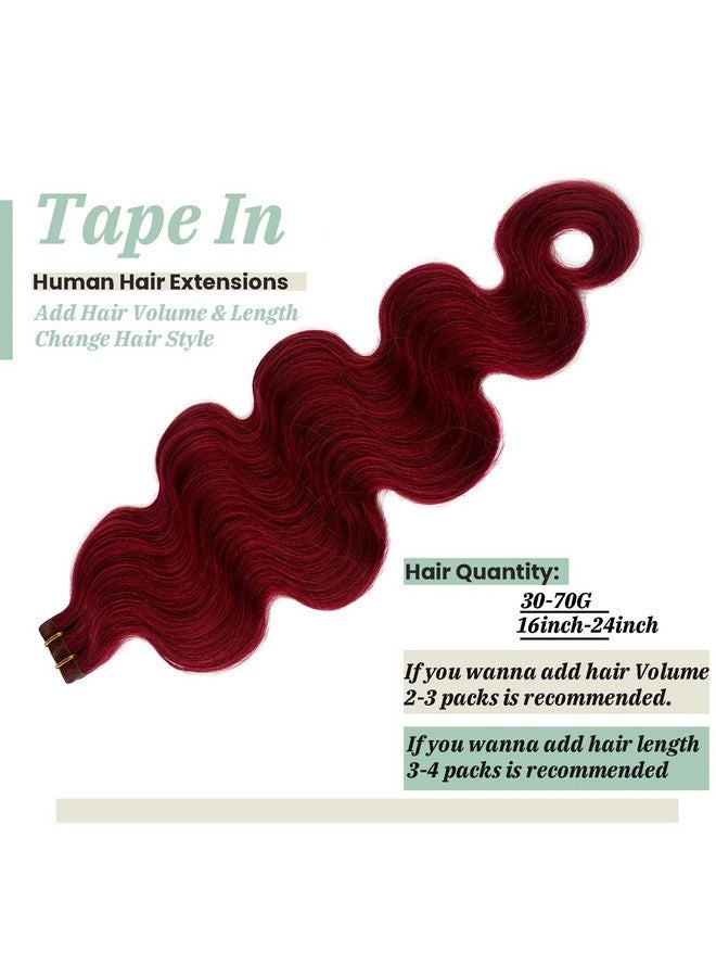 Smavida Dark Wine Body Wave Human Hair Extensions 22" Long Burgundy Tape In Extensions 60Grams 20Pcs Tape 100% Real Wavy Human Hair Extensions Color 99J - Image 4