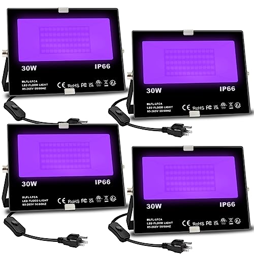 MELPO Black Light 30W LED Blacklight Flood Light Outdoor for Glow Party, Halloween Decoration, Body Paint, Fluorescent Poster, Neon Glow, IP66,US-Plug-Switch-6.7Ft Cord (4 Pack) - Image 1
