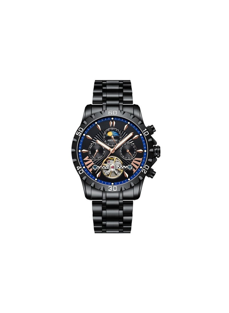 xozgdovg Men's watches automatic mechanical watch foreign trade explosions multifunctional fine steel mechanical watches waterproof men's watches/ YBN8831 black shell and black face hoop steel belt (mechanical)  - Image 1