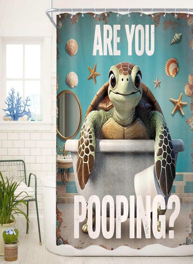 Cinbloo are You Pooping Turtle 60Wx72H Shower Curtain Funny Green Ocean Beach Seashell Starfish Humorous Words Child Retro Cute Cartoon Bathroom Curtain Set Modern Bath Bathroom Accessories Decor - Image 1