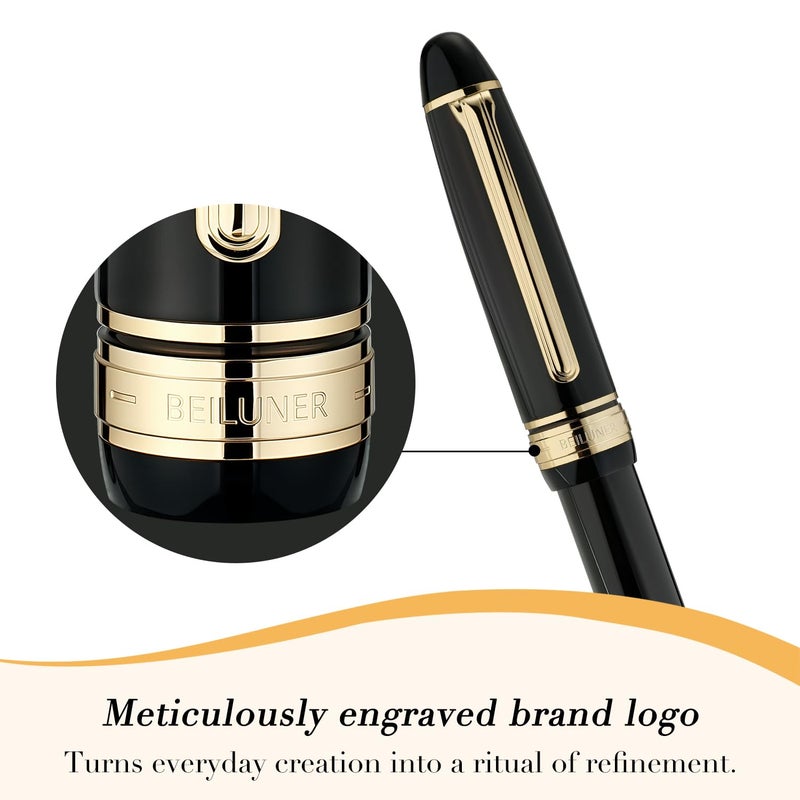 BEILUNER 319 Piano Black Lacquer Rollerball - Stunning Luxury Pen with 24K Gold, Heavy, Schneider Black Ink Refill, Best Gift Set for Men & Women, Professional, Executive Office, Fancy Classic Pens - Image 2