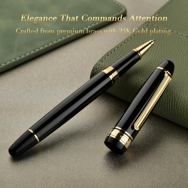 BEILUNER 319 Piano Black Lacquer Rollerball - Stunning Luxury Pen with 24K Gold, Heavy, Schneider Black Ink Refill, Best Gift Set for Men & Women, Professional, Executive Office, Fancy Classic Pens - Image 3