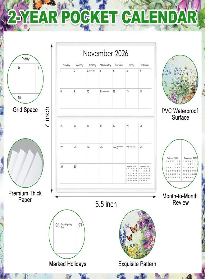 ReliThick 7" x 6.5" 2026-2027 Pocket Calendar for Purse Small Monthly Planner Notebook PVC Cover Pocket Calendar Notepads Appreciation Present Gift for Women Mom Friends Teacher(Watercolor Garden) - Image 2