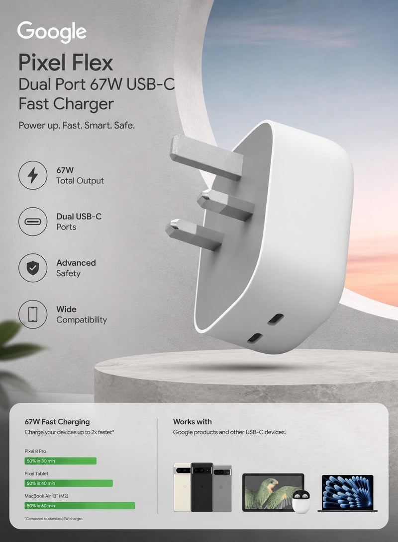 Google Pixel Flex Dual Port 67W USB-C Fast Charger, UAE 3-PinU Wall Adapter for Phones and Tablets White - Image 5