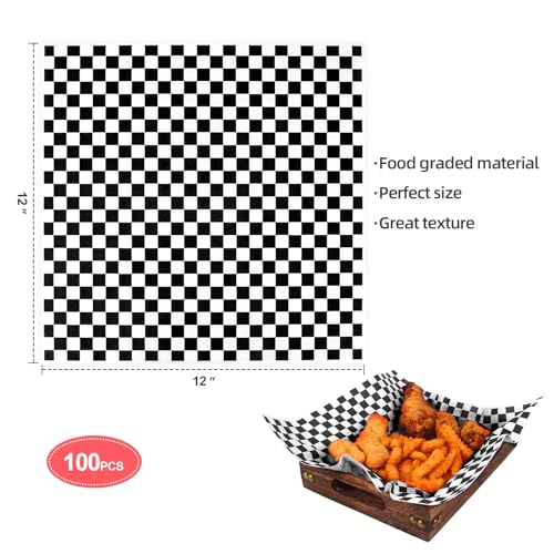 JIRNGLA 100pcs Deli Paper Sheets 12x12 Premium Food Basket Liners Grease Resistant Wax Paper Sheets for Food Classic Checkered Sandwich Wrapping Paper Black White Checkered - Image 3