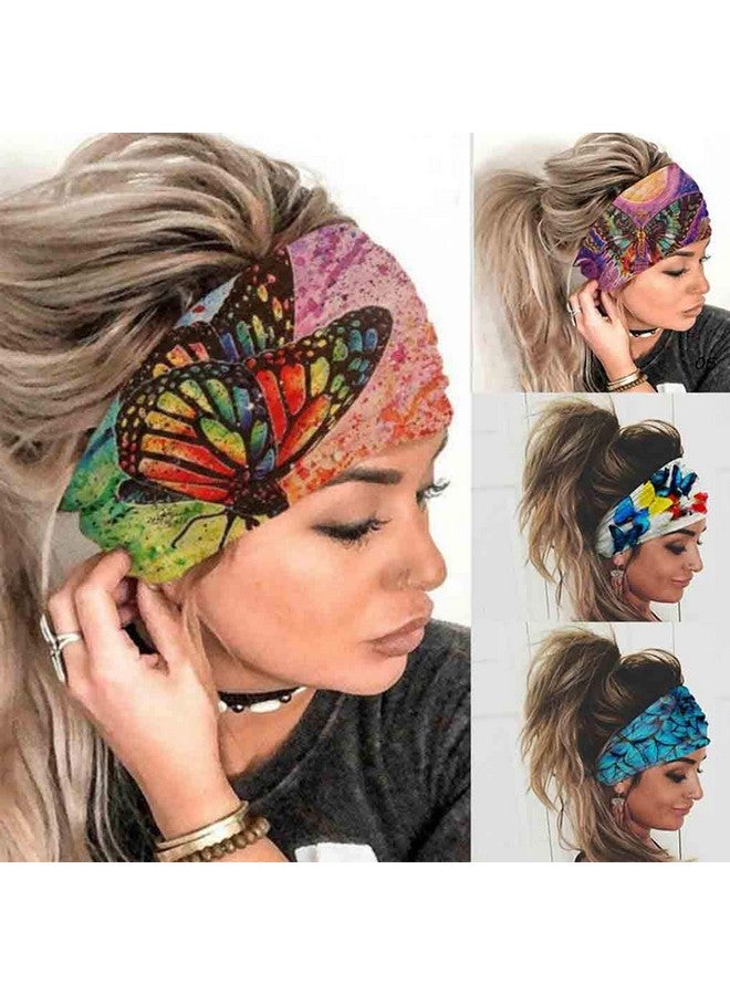 Olbye Wide Boho Headbands Headwrap Butterfly Stretch Button Bandana Yoga Running Athletic Turban Head Scarfs Hair Accessories For Women And Girls 4Pcs (Boho)  - Image 2