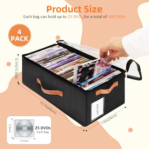 Frlanse 4 Pack DVD Storage Box Stackable Oxford Fabric DVD Cases Holder with Front Zippered Clear Window and Handles 157 x 79 x 61 In Foldable DVD Organizer Rack Holds Up to 100 DVDs 25 Each - Image 3