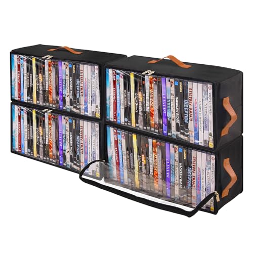 Frlanse 4 Pack DVD Storage Box Stackable Oxford Fabric DVD Cases Holder with Front Zippered Clear Window and Handles 157 x 79 x 61 In Foldable DVD Organizer Rack Holds Up to 100 DVDs 25 Each - Image 1