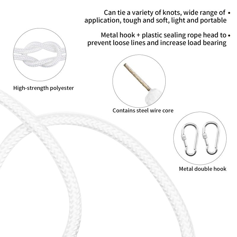 Jmlwlzx Heavy Duty Flag Pole Rope Replacement 20m (65ft) with Steel Core & Rust-Proof Swivel Snap Hook - Universal Halyard Kit for 30-50 ft Flagpoles (5/16" x 65 ft) - Image 3