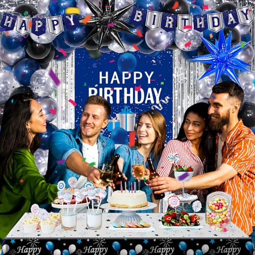 Pounira Blue Birthday Decorations for Men Boys Blue and Black Happy Birthday Decorations for Him Her Happy Birthday Door Banner Balloons Tablecloth Foil Backdrop Star Balloons Bday Party Decor for Friend - Image 5