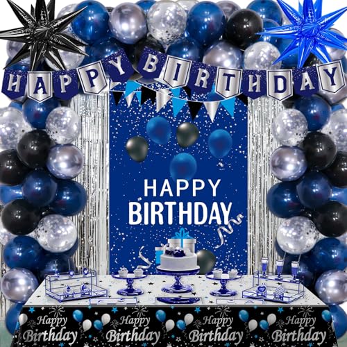 Pounira Blue Birthday Decorations for Men Boys Blue and Black Happy Birthday Decorations for Him Her Happy Birthday Door Banner Balloons Tablecloth Foil Backdrop Star Balloons Bday Party Decor for Friend - Image 1