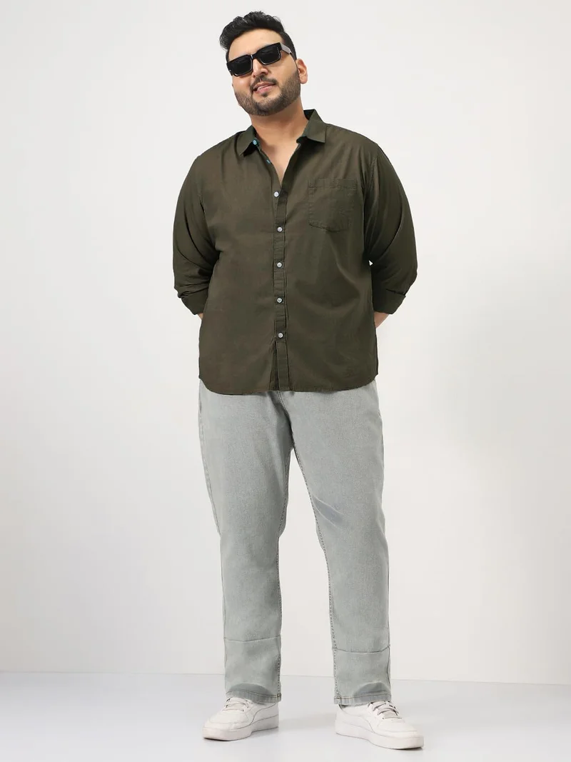 Urbano Fashion  Urbano Plus Men's Olive Cotton Full Sleeve Regular Fit Casual Solid Slub Shirt with Spread Collar  | Best Price UAE