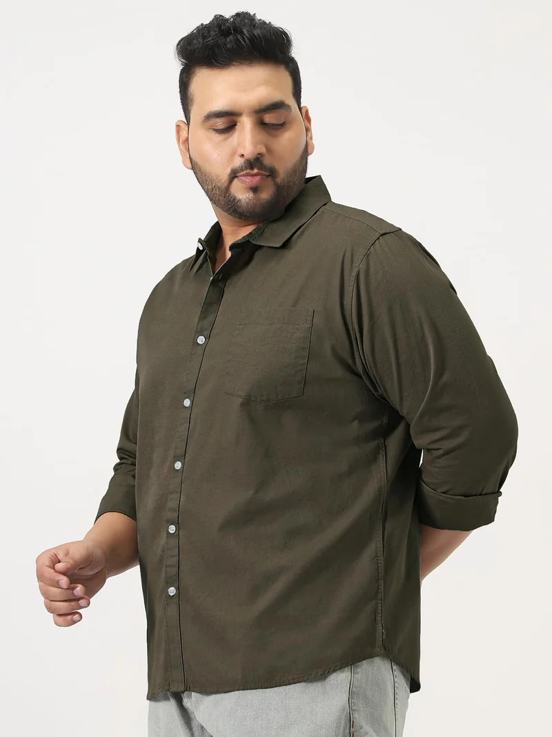 Urbano Fashion  Urbano Plus Men's Olive Cotton Full Sleeve Regular Fit Casual Solid Slub Shirt with Spread Collar  | Best Price UAE