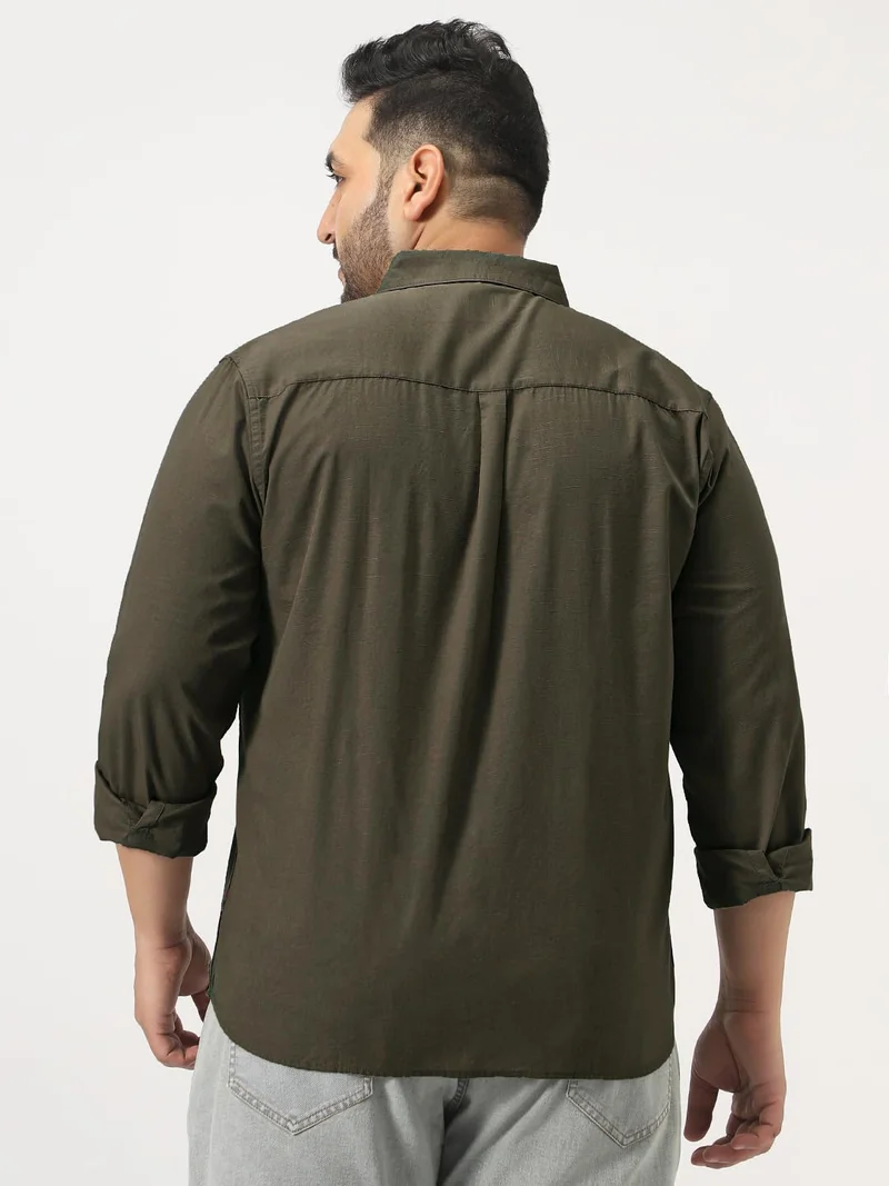 Urbano Fashion  Urbano Plus Men's Olive Cotton Full Sleeve Regular Fit Casual Solid Slub Shirt with Spread Collar  | Best Price UAE