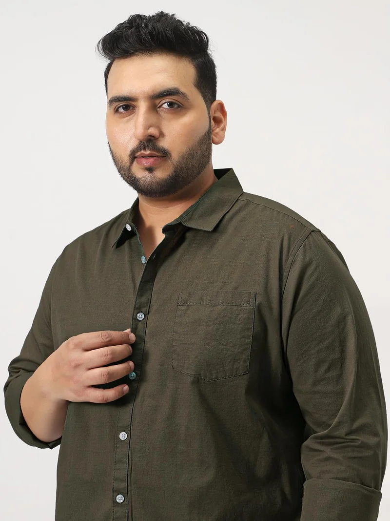 Urbano Plus Men's Olive Cotton Full Sleeve Regular Fit Casual Solid Slub Shirt with Spread Collar