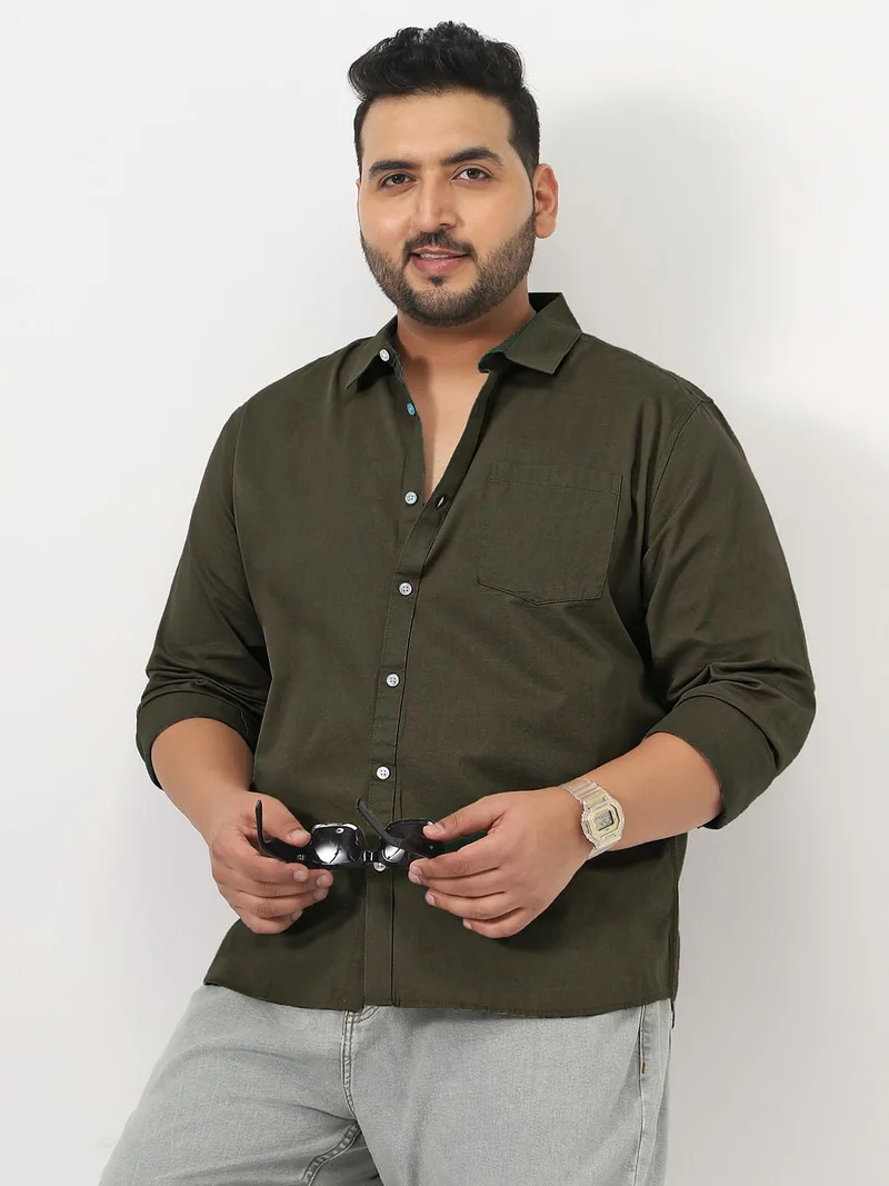 Urbano Fashion  Urbano Plus Men's Olive Cotton Full Sleeve Regular Fit Casual Solid Slub Shirt with Spread Collar  | Best Price UAE