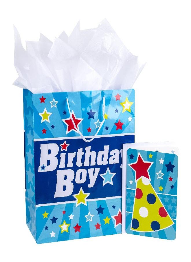 Hallmark - Hallmark 13" Large Gift Bag with Birthday Card and Tissue Paper (Blue with Stars, Birthday Boy) - Image 1