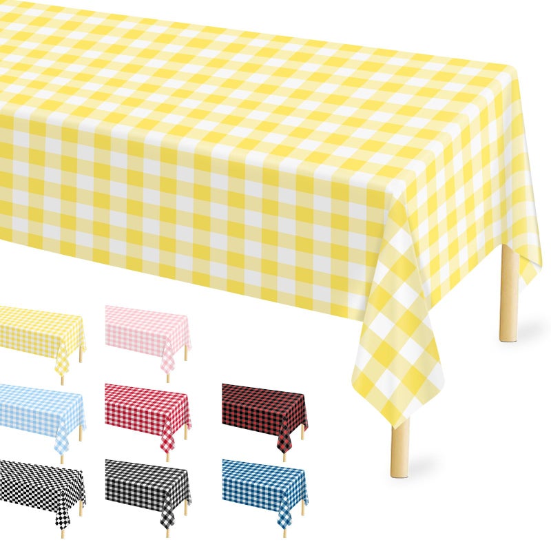 Mulbozy 4 Pcs Yellow Checkered Tablecloth 54 Ã—108 Inches Rectangle Yellow Gingham Tablecover Disposable Plastic Waterproof Table Cover for Outdoor Picnic, Kitchen, Holiday Birthday Party - Image 1