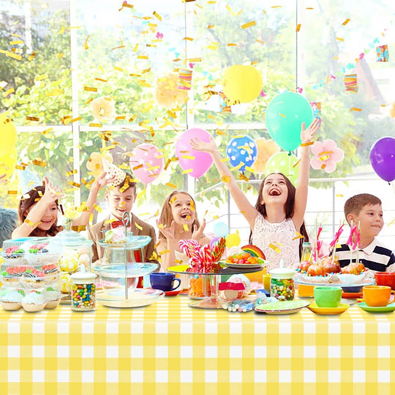 Mulbozy 4 Pcs Yellow Checkered Tablecloth 54 Ã—108 Inches Rectangle Yellow Gingham Tablecover Disposable Plastic Waterproof Table Cover for Outdoor Picnic, Kitchen, Holiday Birthday Party - Image 4