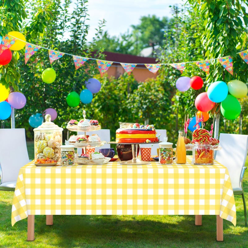 Mulbozy 4 Pcs Yellow Checkered Tablecloth 54 Ã—108 Inches Rectangle Yellow Gingham Tablecover Disposable Plastic Waterproof Table Cover for Outdoor Picnic, Kitchen, Holiday Birthday Party - Image 2