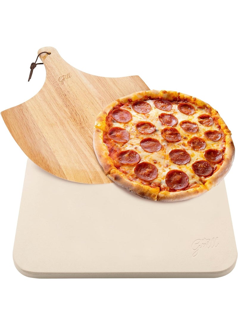 Relex Pizza Stone Set, Heavy Duty Round Cordierite Baking Stone For Pizza, Cooking Stone With Bamboo Pizza Peel Paddle For Oven And Grill, 15"X12" - Image 1