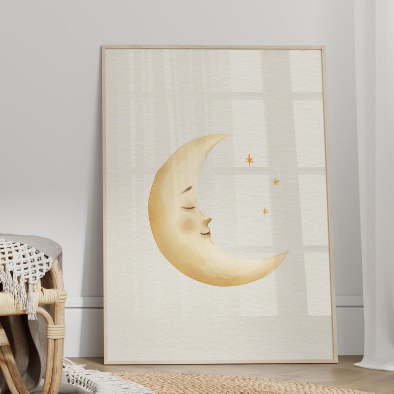 TNESSENTIAL Crescent Moon Soft Watercolor Wall Art Poster or Canvas Print, Pastel Beige Warm Yellow Celestial Print, Minimalist Nursery Print, Kids Room - Image 1