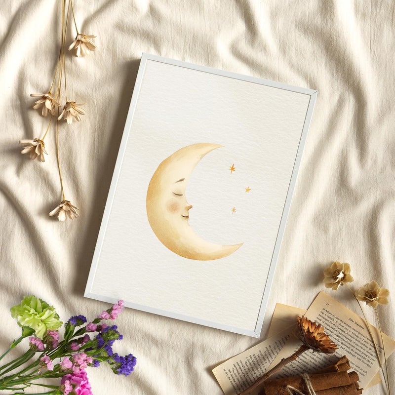 TNESSENTIAL Crescent Moon Soft Watercolor Wall Art Poster or Canvas Print, Pastel Beige Warm Yellow Celestial Print, Minimalist Nursery Print, Kids Room - Image 3