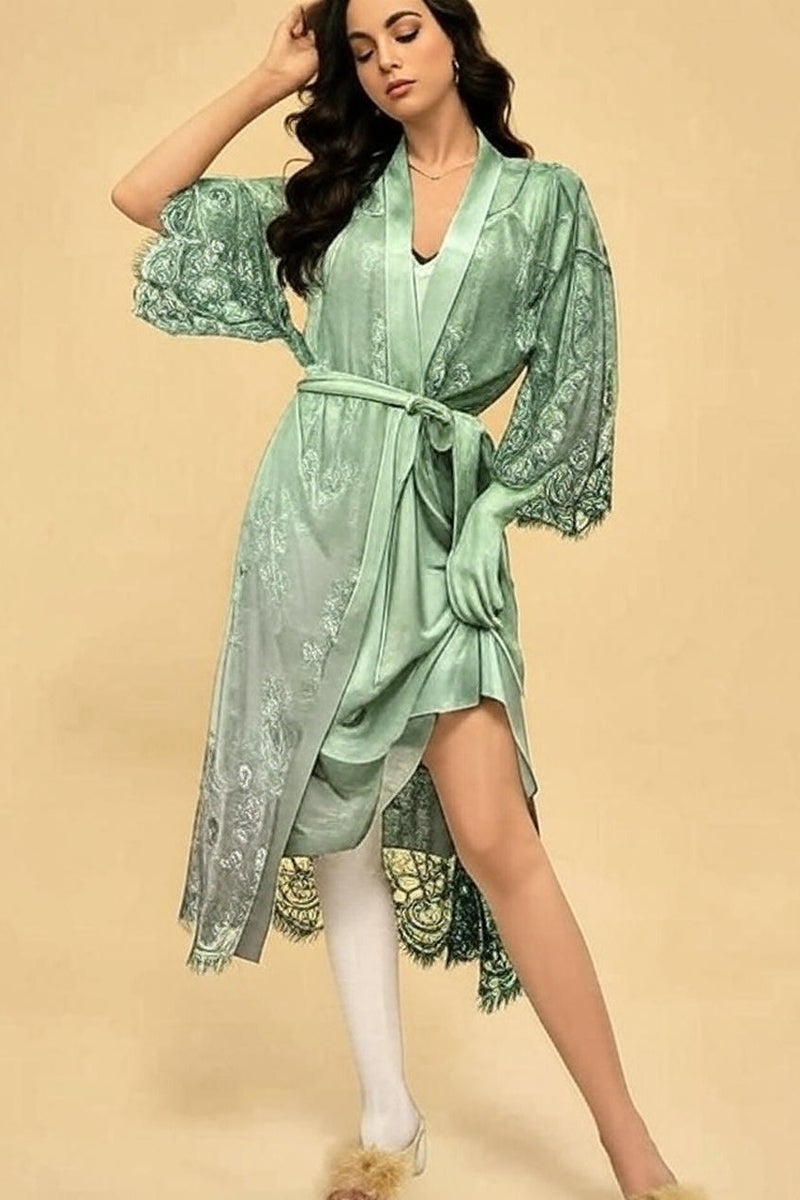 هوم توبيا مجموعة فستان نوم حريري نسائي حصرية مع كيمونو دانتيل - أنيق، مريح، قابل للتنفس، ملابس نوم أنيقة، مثالية للنوم، الاسترخاء في المنزل، ليالي الصيف، ملابس نسائية رائجة